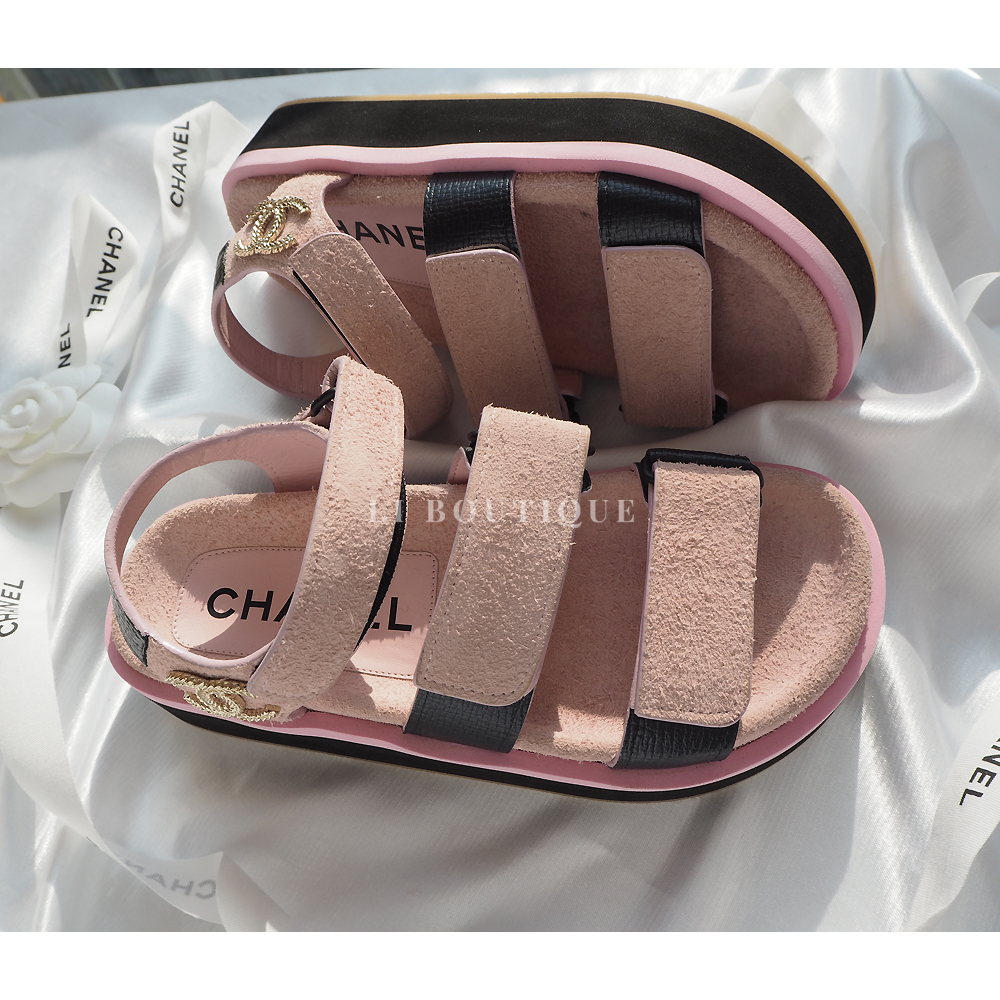 Chanel CC ロゴ スエード ストラップ サンダル ピンク ブラック シャネル ココマーク メッシュ×パテントレザー サンダル 36 1/2