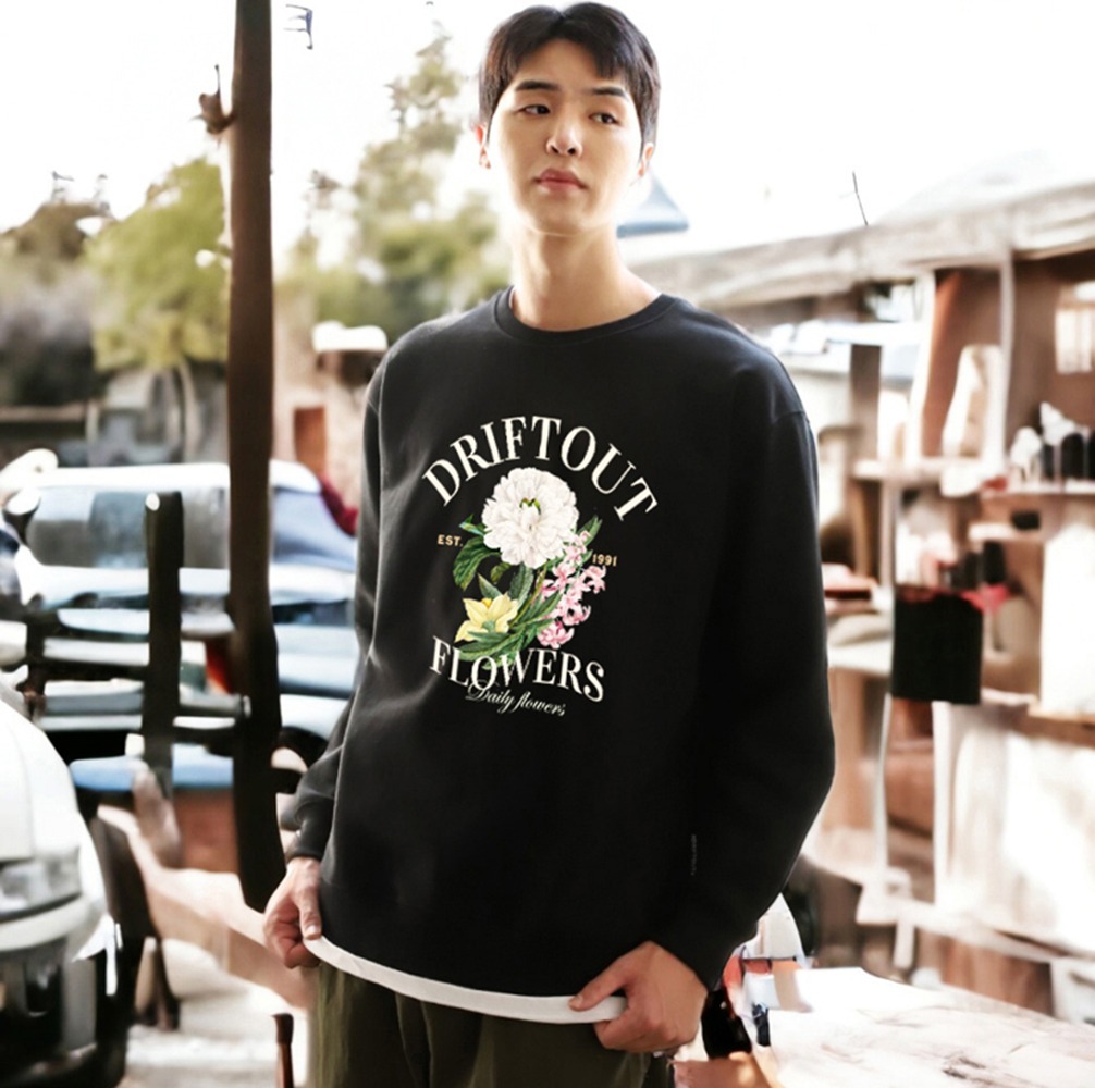 スウェット・トレーナー [DRIFTOUT] DRIFT WHITE FLOWER LAYERD SWEAT SHIRTS [BLACK]
