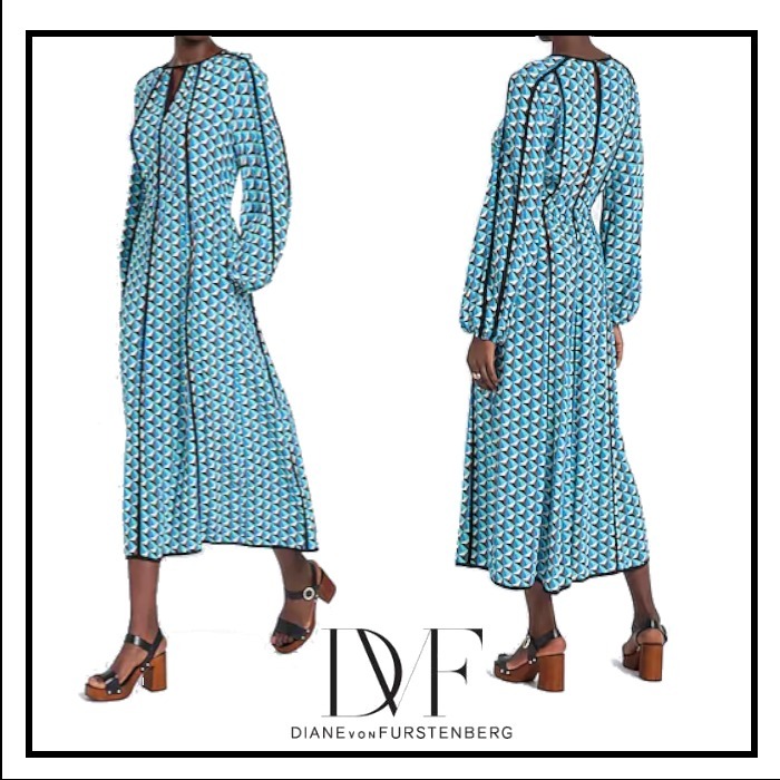 【sale!】DIANE von FURSTENBERG 柄 ロングワンピースターコイズ
