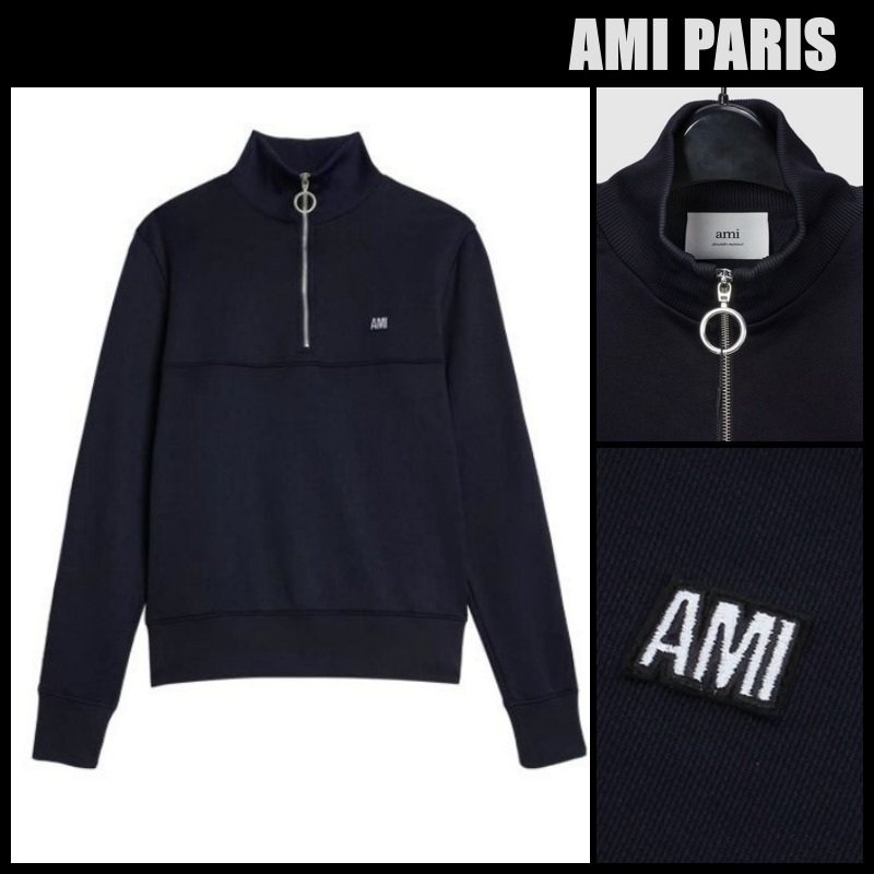 AMI PARIS Nautic Blueアミパリス ロゴ刺繍 ハーフジップアップ