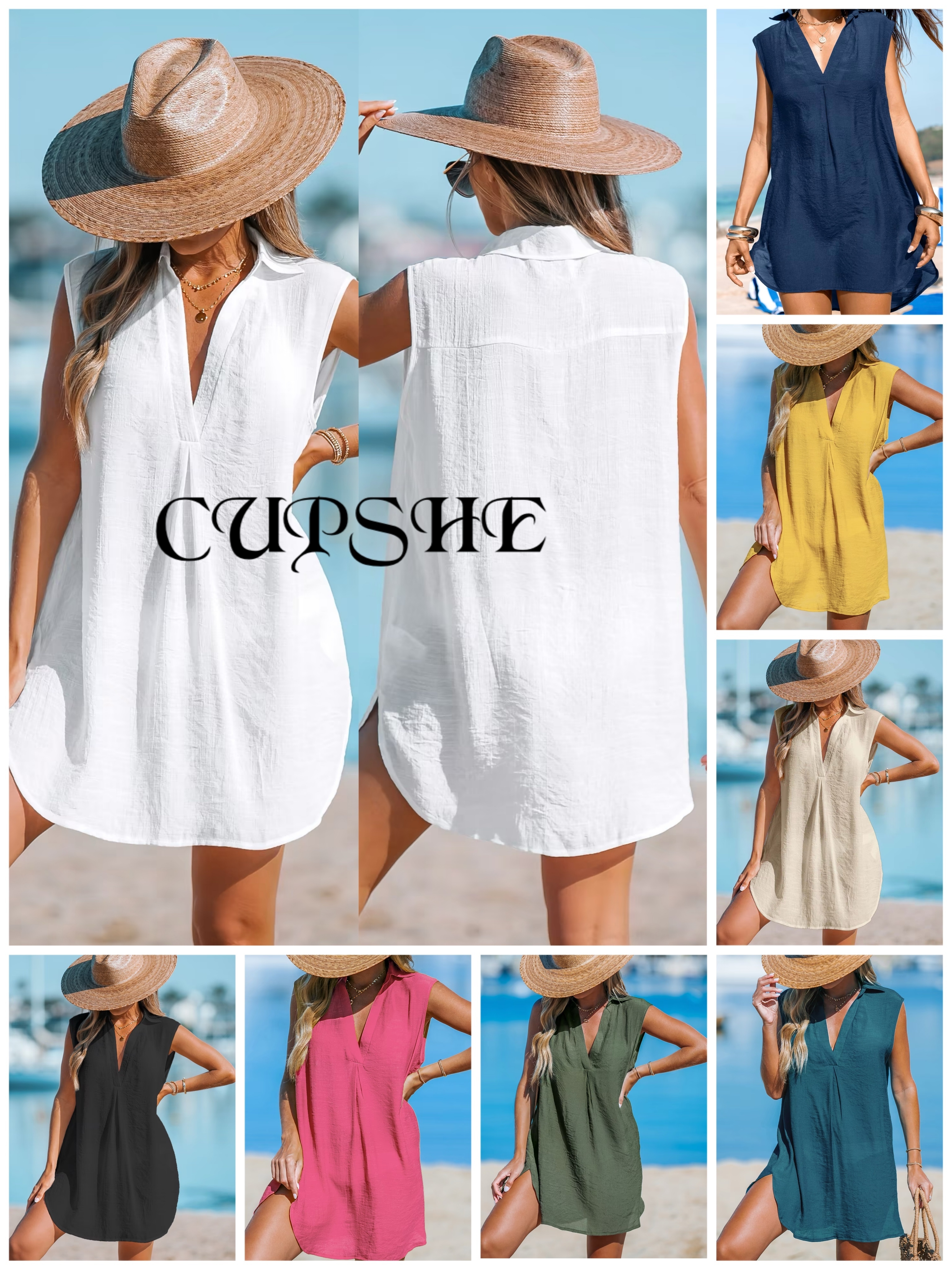 全5色★水着カバーシャツドレス【CUPSHE】V-Neck Basic Cover-Up