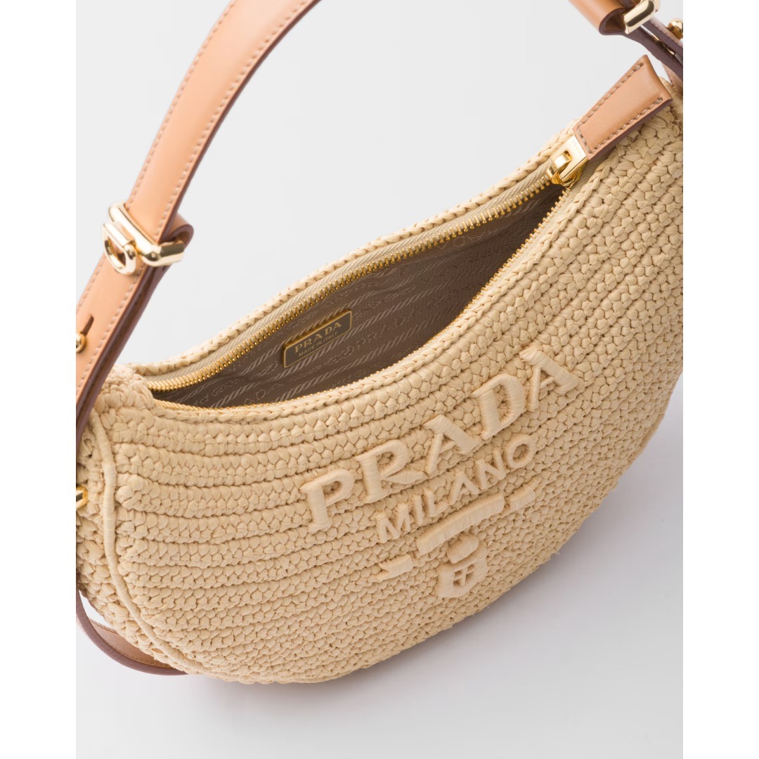 【大人気】PRADA◆ラフィア風 クロシェ編みバッグ ストラップ付 PRADA◇アーケ ラフィア風×レザー ミニバッグ ストラップ付き