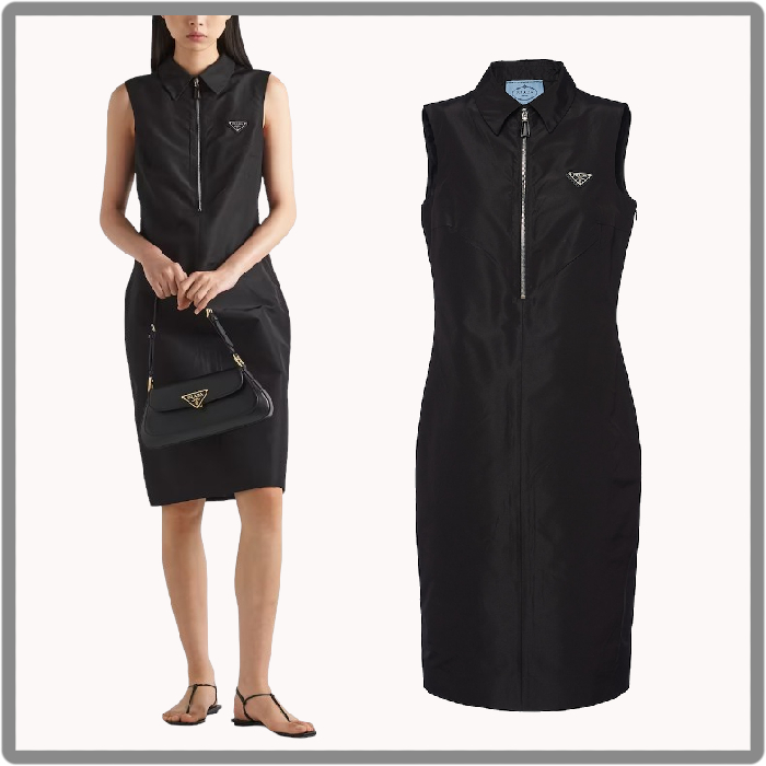 24SS◆PRADA◆Faille シルクドレス ロゴ ノースリーブ ブラック