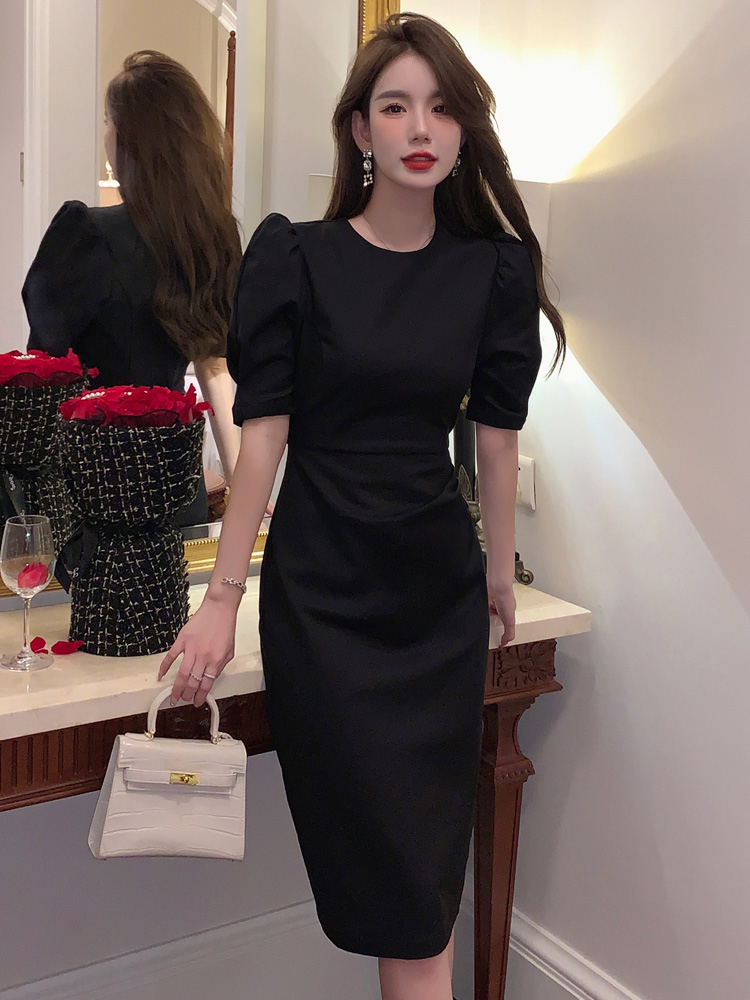 パフスリーブ ゴールドボタン ミディワンピース 結婚式 二次会