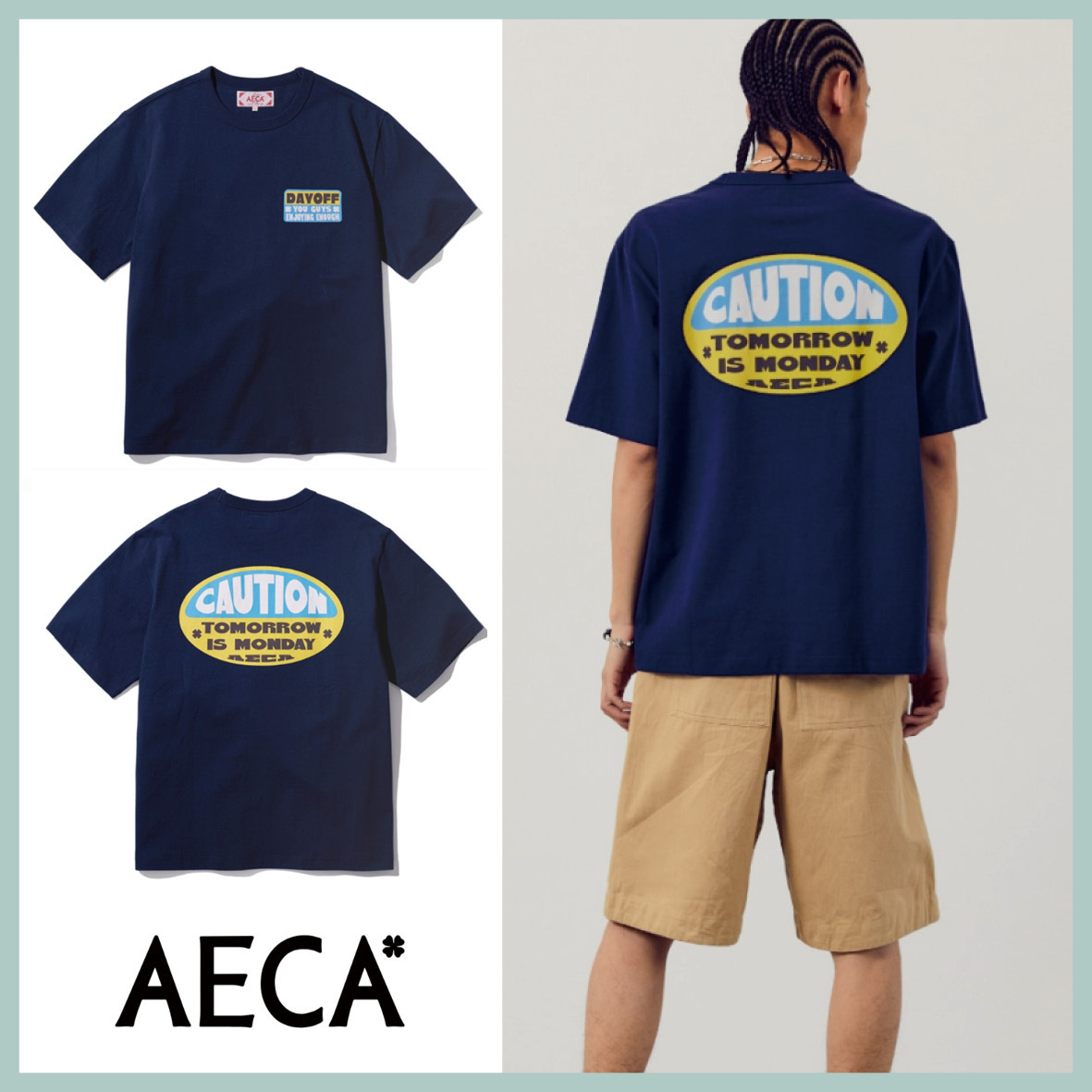 AECA☆ AECA CAUTION HALF SLEEVE-NAVY 送料無料