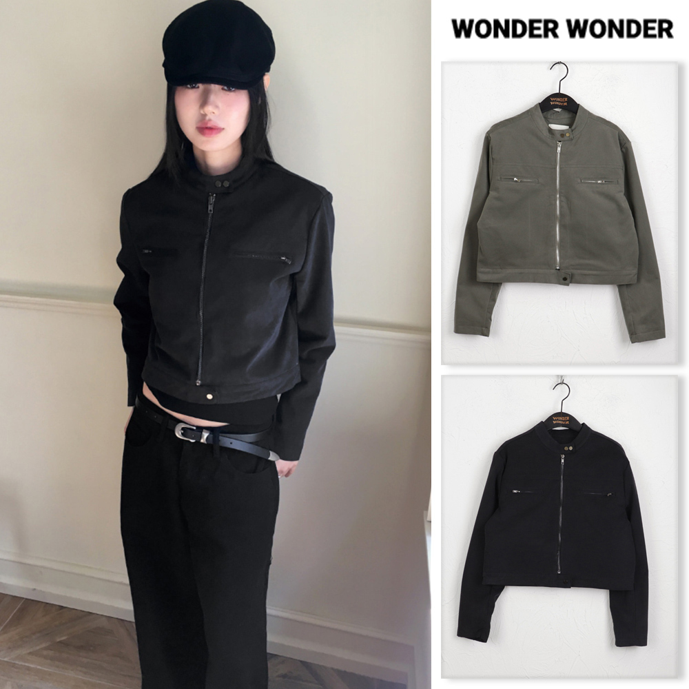 【WONDER WONDER】Boldy Incised Zipper Crop Biker Zip Up