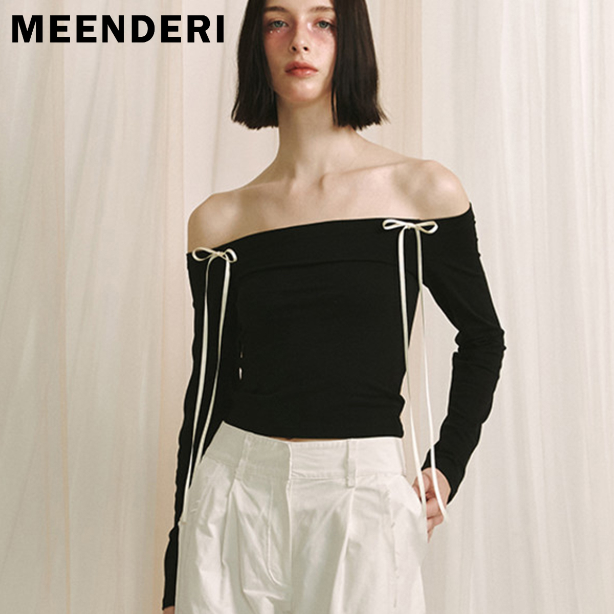 ★MEENDERI★RIBBON OFF-SHOULDER TOP - BLACK★正規品/直送料込