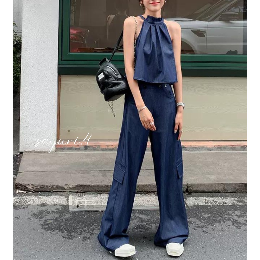 ブルー セットアップ ホルターネック トップス ワイドパンツ