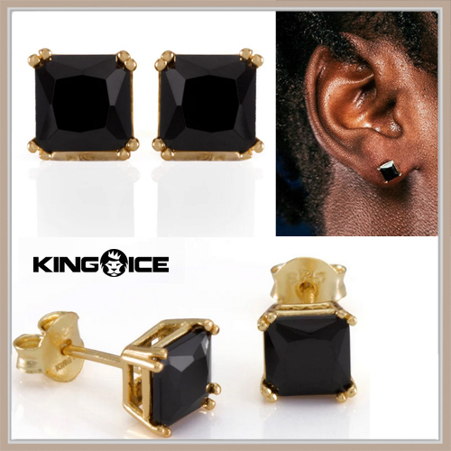 【King Ice】プリンセスカット オニキス スタッド ピアス 送料込
