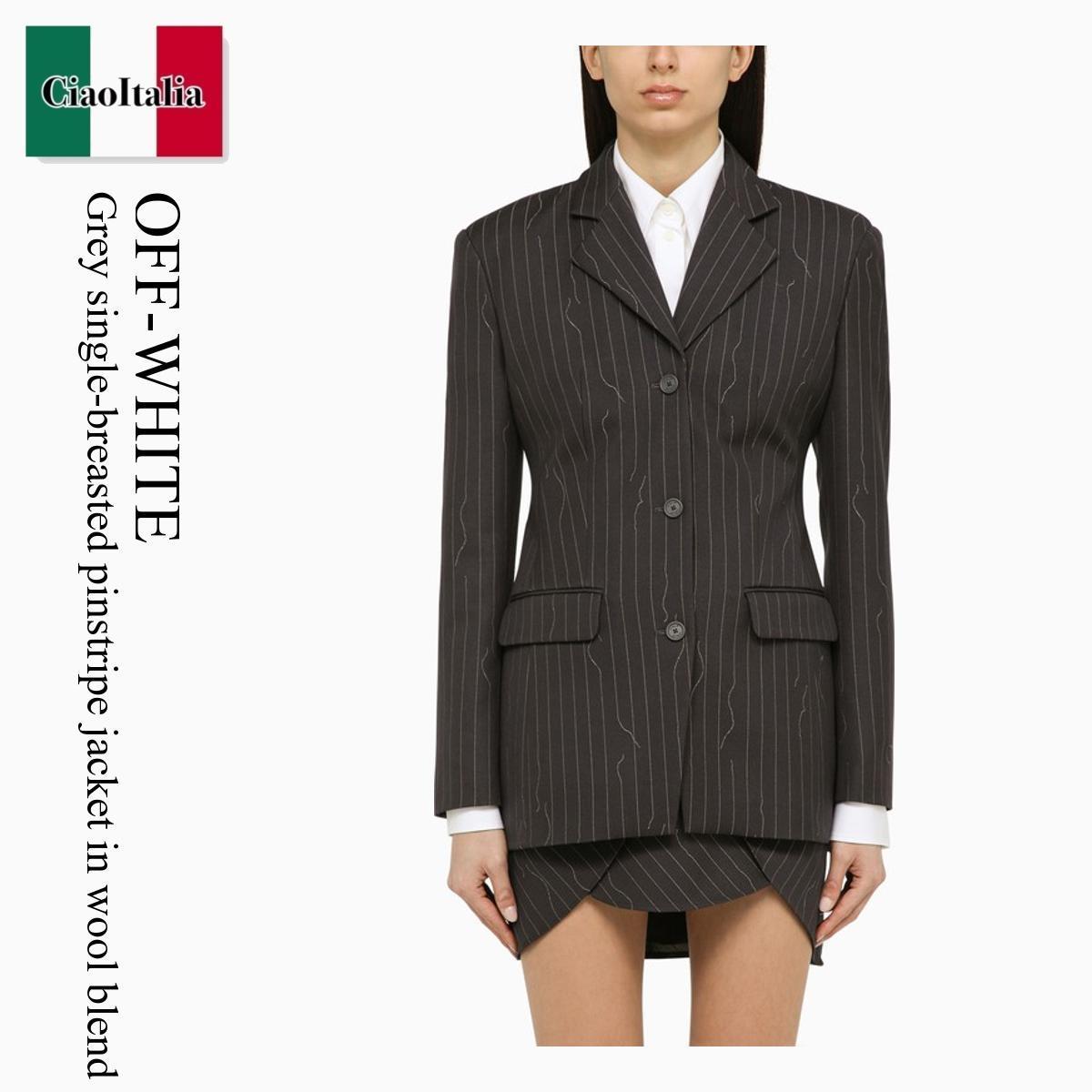 ジャケット Off-White Grey Single-Breasted Pinstripe Jacket In Wool Blen