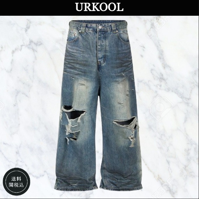 注目☆【URKOOL】ダメージ加工 ワイドレッグ バギー ジーンズ V2