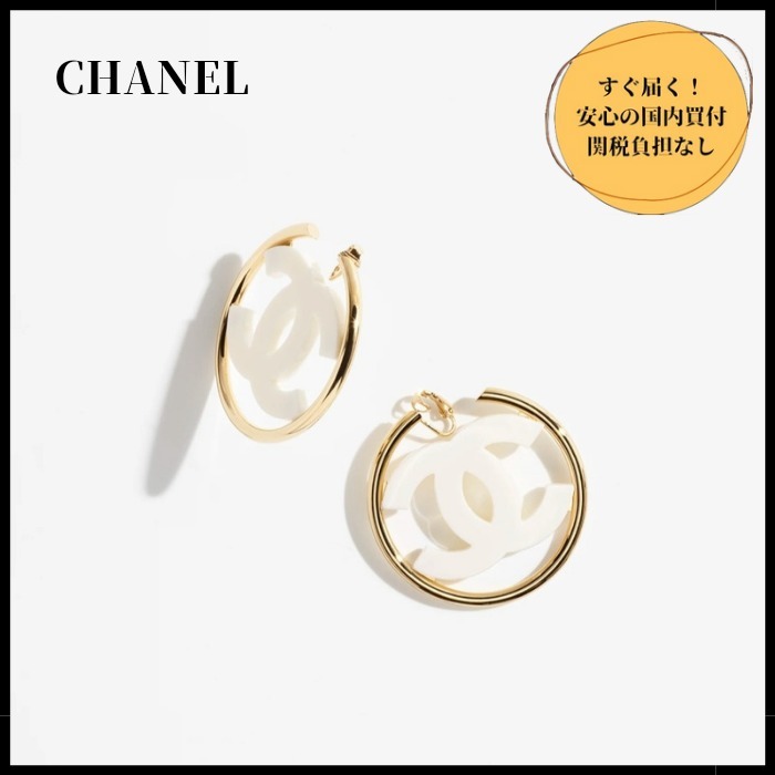 【大ぶりCCロゴ♪】CHANEL ゴールド＆ホワイト フープ ピアス