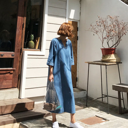 デニムVネックロングワンピース七分袖マキシ