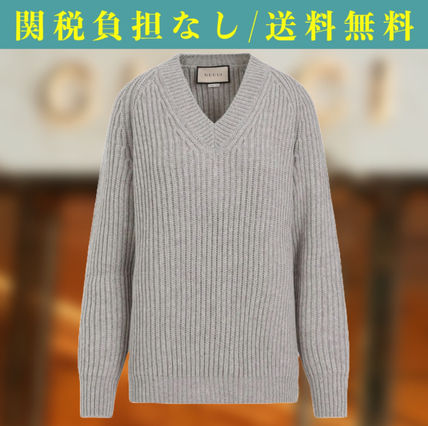 GUCCI Cashmere Casual Style Wool Cashmere Rib V-Neck Long Sleeves Plain