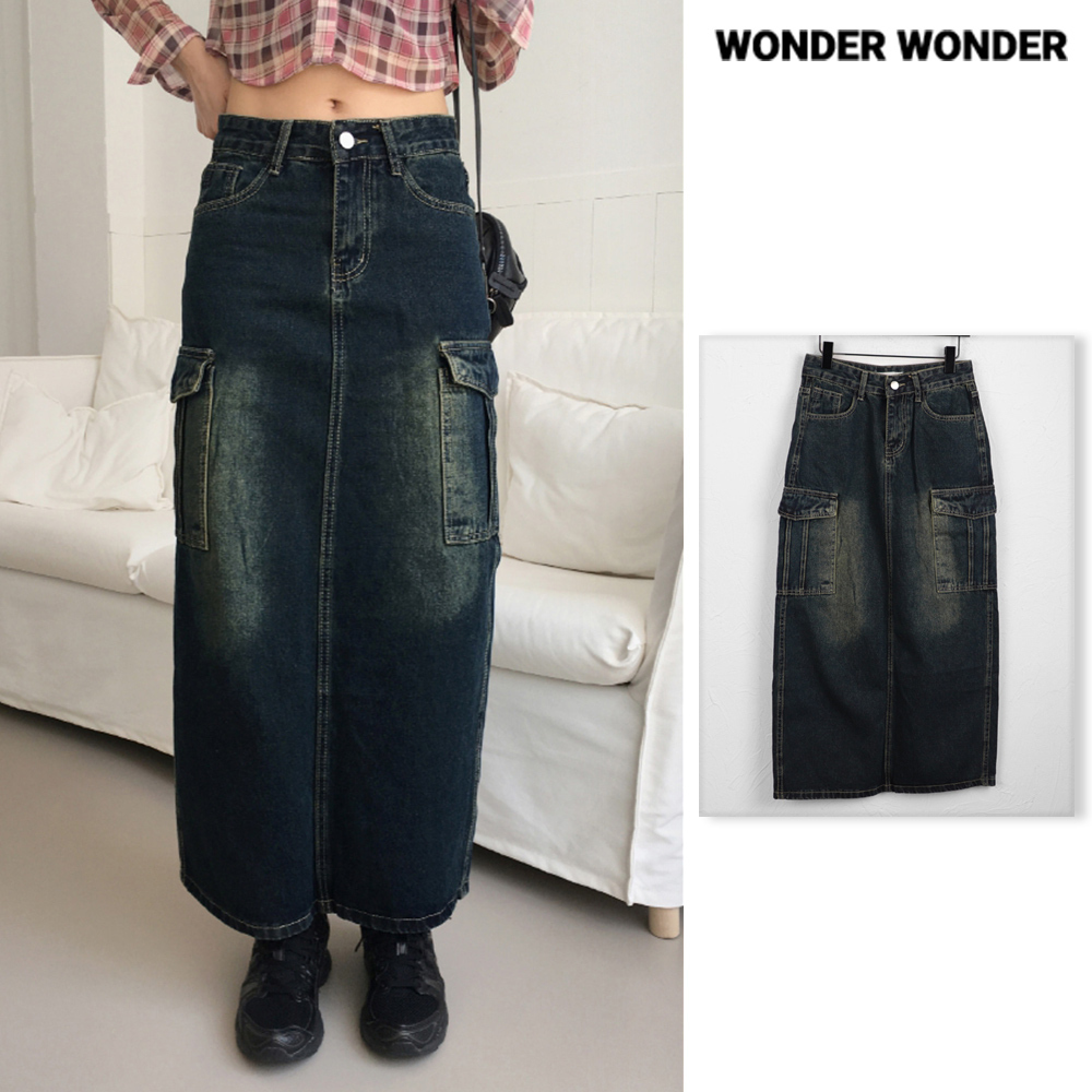【WONDER WONDER】Toku Vintage Washing Cargo Denim Long Skirt