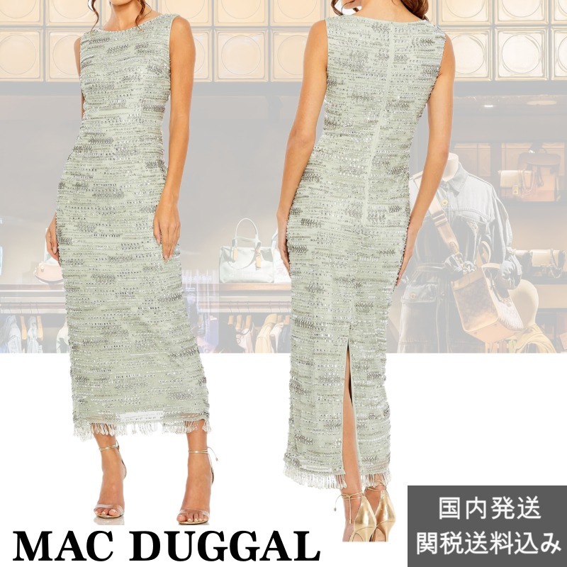 ●MAC DUGGAL●ノースリーブ クリスタル フリンジ コラム ドレス
