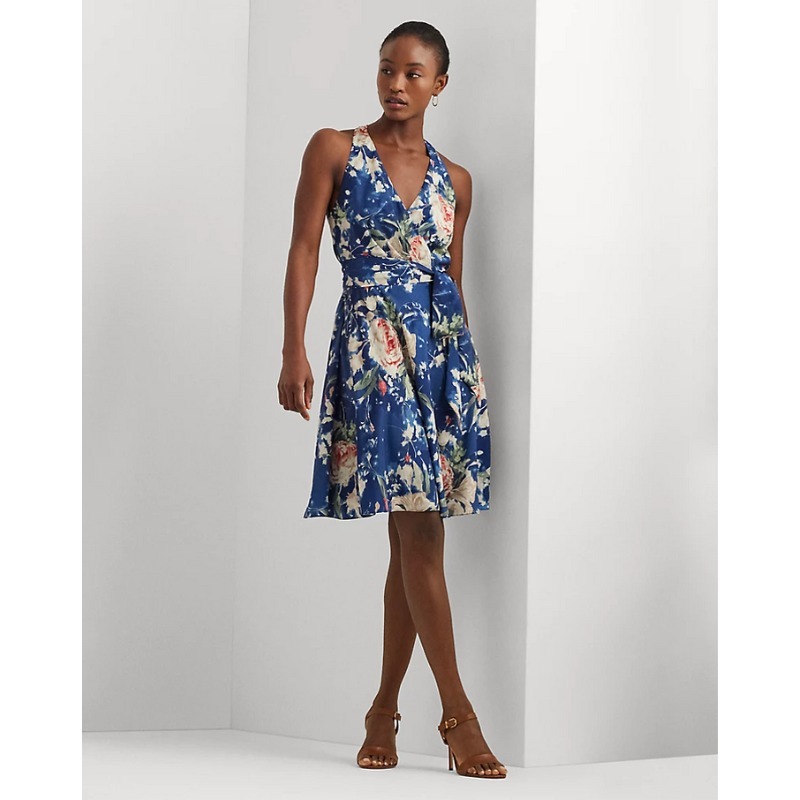 LAUREN RALPH LAUREN 花柄ベルト付きクレープノースリーブドレス