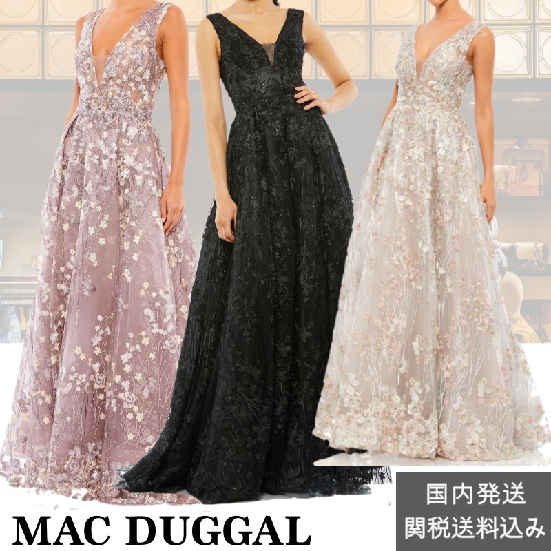 ●MAC DUGGAL●フローラル 刺繍 イリュージョン Vネック ガウン
