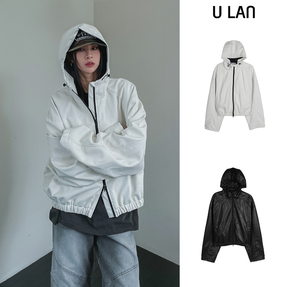 【U LAN】Besique Two-Way Leather Hooded Zip-Up