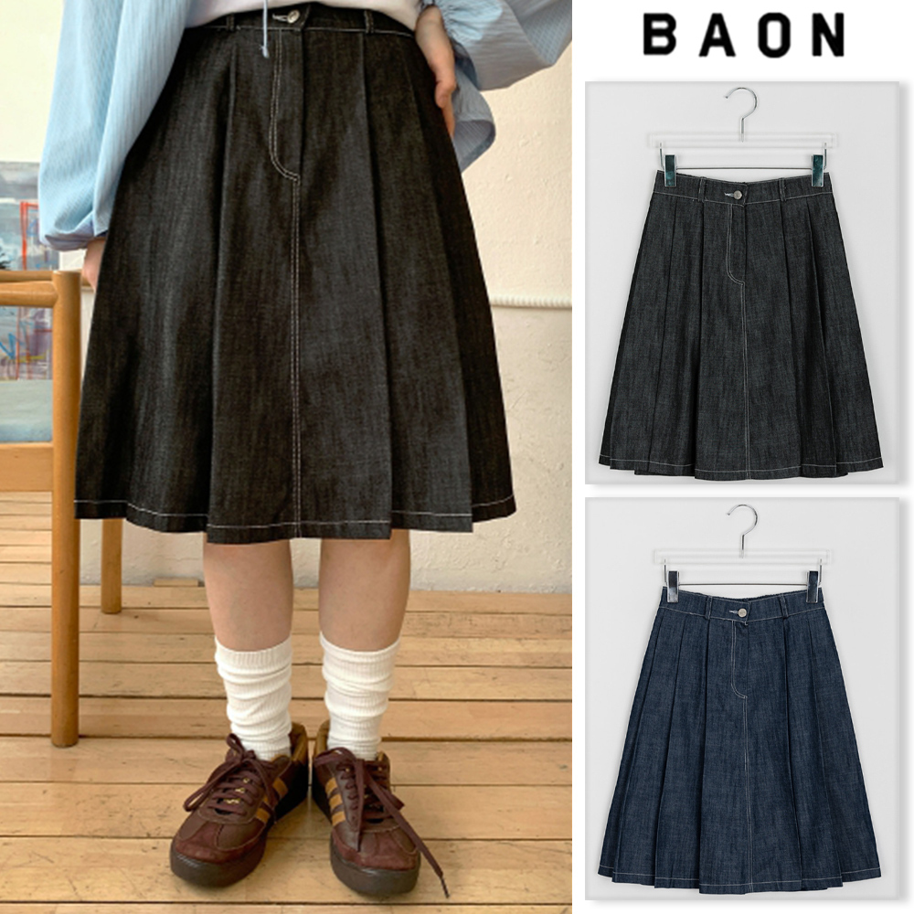 【BAON】Rancho pleated denim banding midi skirt