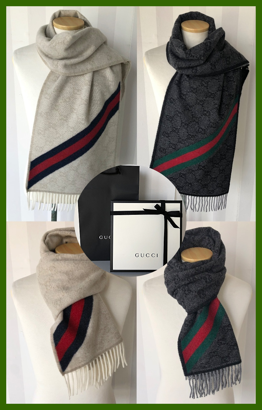 【国内発送】GUCCI GG柄×グッチライン マフラー（BOX＆紙袋付）