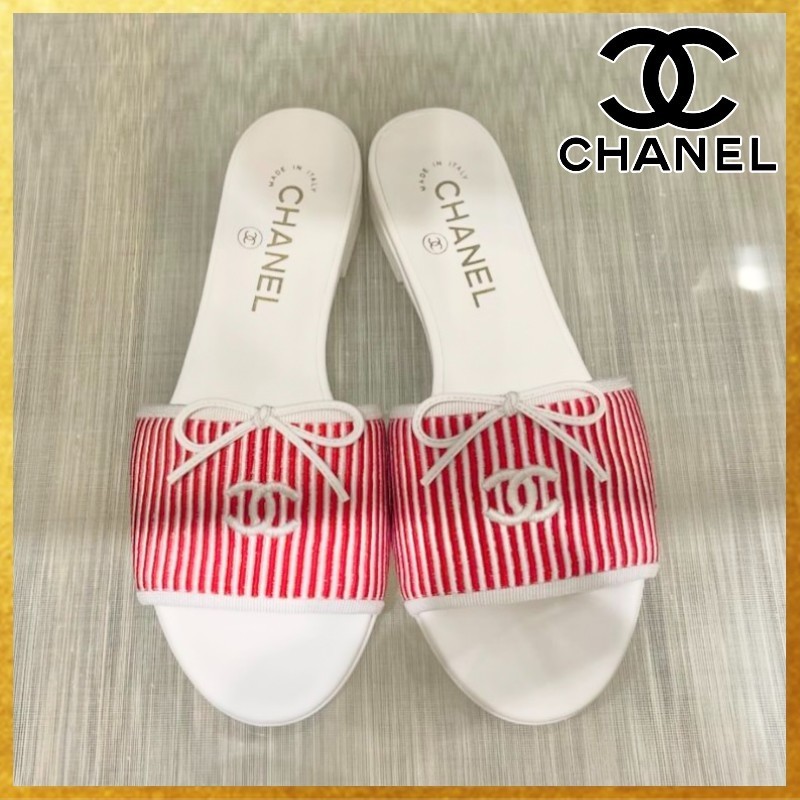 【希少カラー☆ストライプ柄が夏らしい】CHANEL CCロゴ サンダル