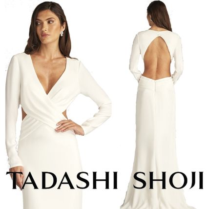 TADASHI SHOJI Dresses Maxi V-Neck Long Sleeves Plain Long Bridal Dresses