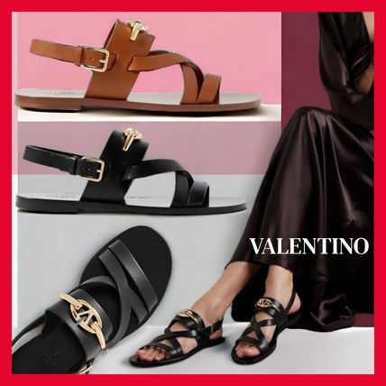 VALENTINO Platform & Wedge Open Toe Platform Casual Style Street Style Plain Leather