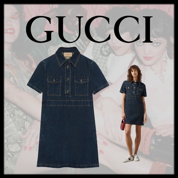 新作【GUCCI】オーガニックデニム ドレス、ダークブルー (GUCCI
