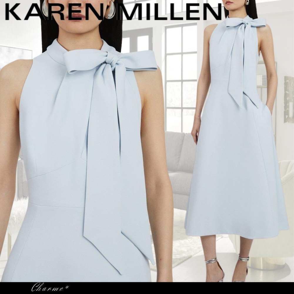 KAREN MILLEN ドレス ワンピース 無地 リボン ブルー フレア