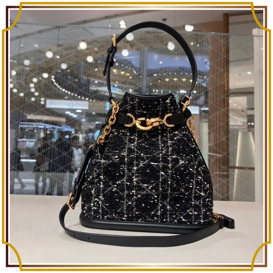 Dior 上品 バケットバッグ 本革レザー 黒 ツイード C'est Dior
