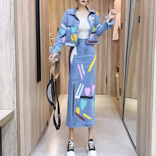 セットアップ ロング丈 長袖 上品 デニム レトロ シンプル 韓国