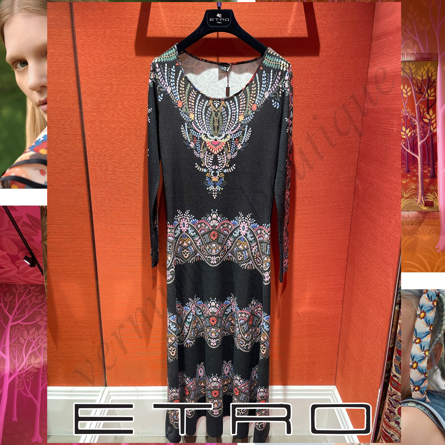 ETRO リーフフラワー ペイズリープリント ミディドレス ブラック