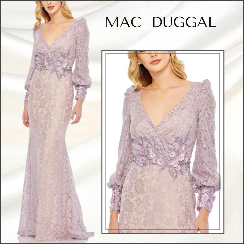 【MAC DUGGAL】ロング ワンピース 総レース Aライン パープル