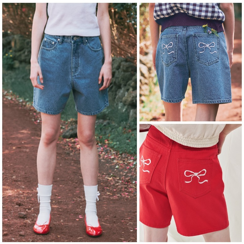 RONRON☆BACK POCKET RIBBON DENIM HALF PANTS