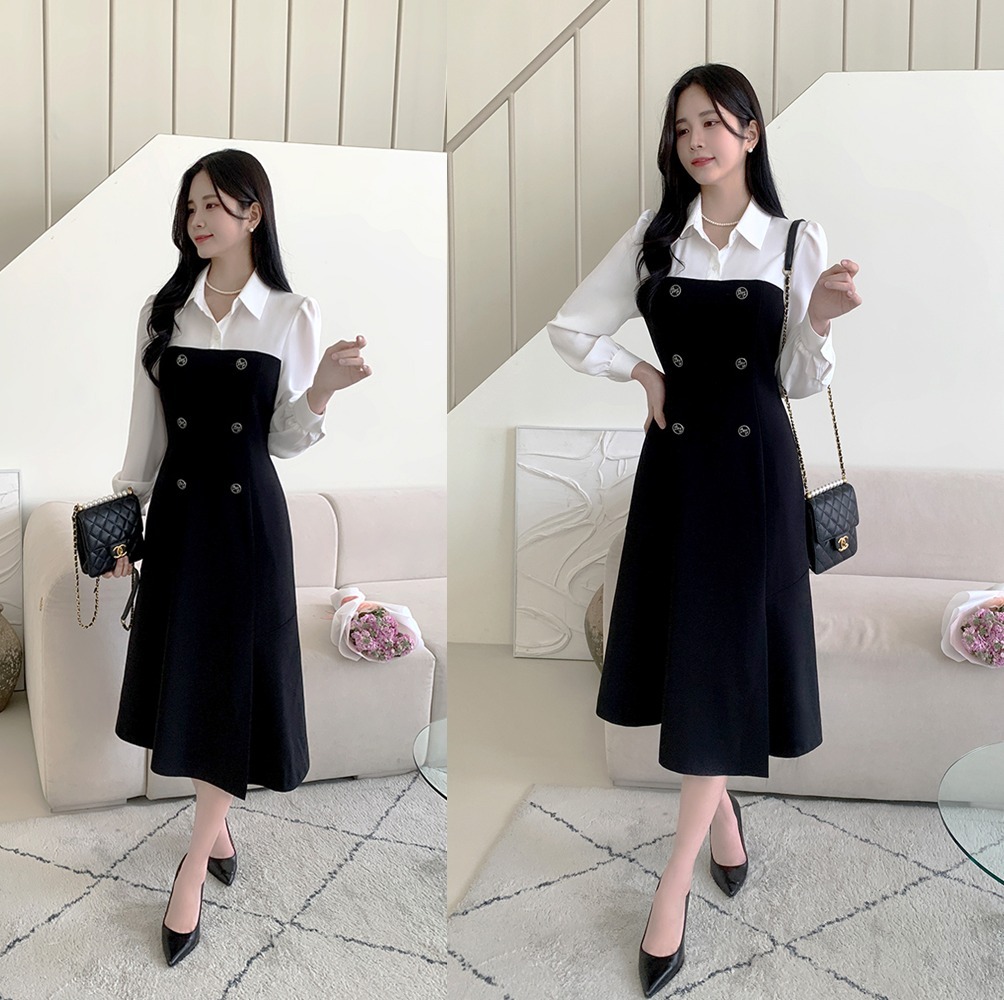 [注文上昇] シフォン 袖 フレア ダブルボタン ロング ワンピース