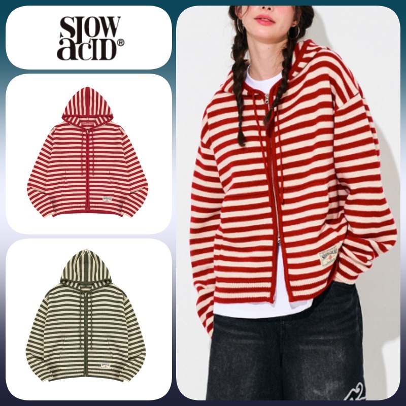 ◆24SS SLOWACID ストライプニットフードジップアップ/2色◆