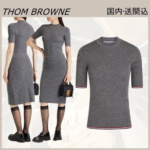 THOM BROWNE リブ編みウール混 トップス ニットTシャツ 半袖