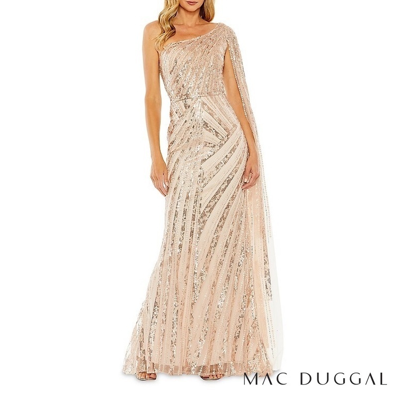 Mac duggal シークインレースケープ付き豪華ロングドレス