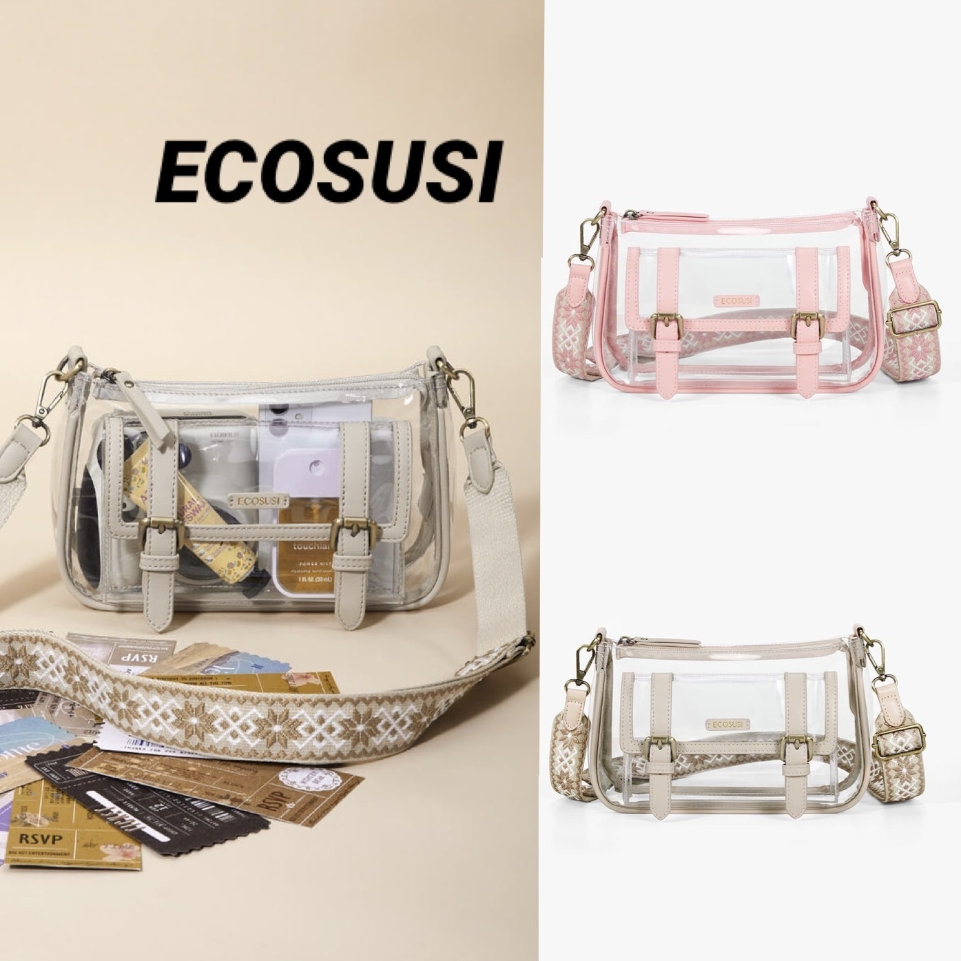 ◆ECOSUSI◆Lila's クリア ストラップ クロスボディバッグ送料込