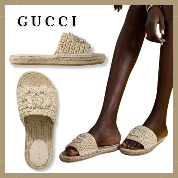 【GUCCI】Coraラフィア エスパドリーユ サンダル クリスタル付き