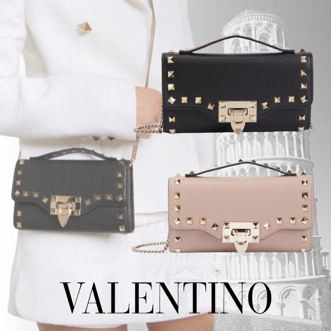 【VALENTINO】ロックスタッズ ミニ レザー ウォレット チェーン
