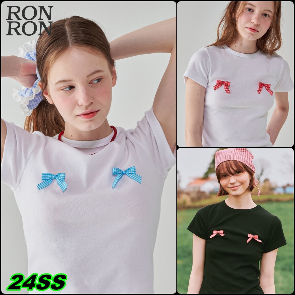 【RONRON】24SS REAL GINGHAM RIBBON SLIM CROP T