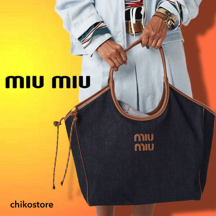 MiuMiu Totes Casual Style Unisex Denim A4 Leather Elegant Style Logo