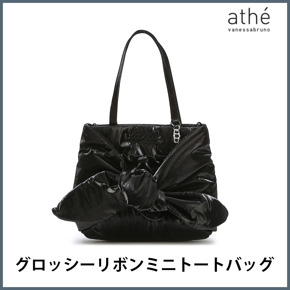【Athe vanessabruno】★光沢ブラックリボンミニトートバッグ