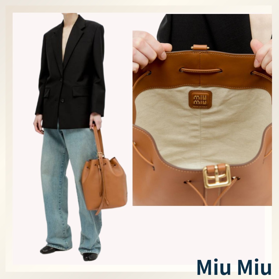 MIU MIU★グレインレザー ロゴ バケットバッグ ブラウン