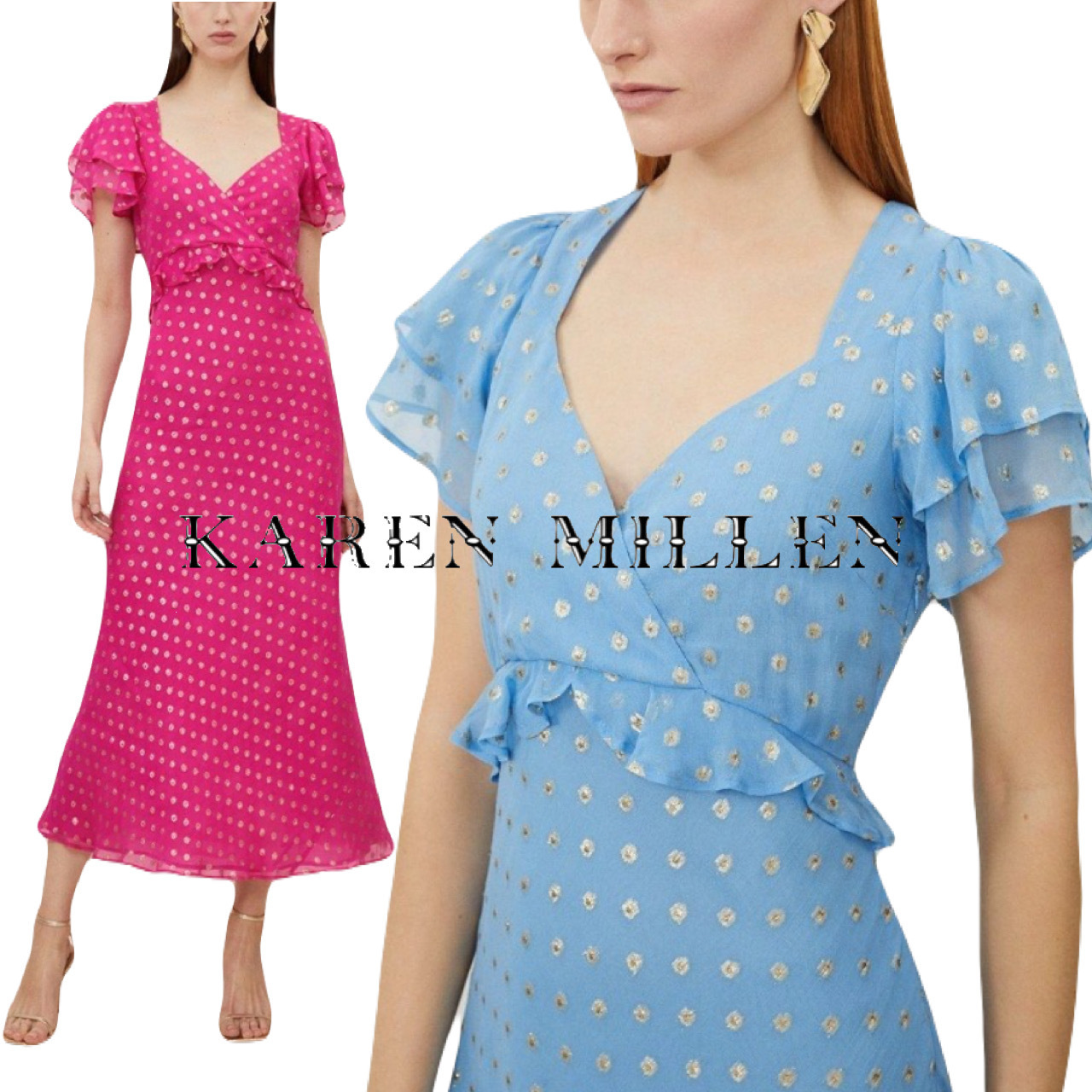 【KAREN MILLEN】メタリック ビスコース スリーブ マキシ 関税込