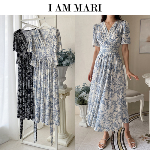 ★韓国人気★I AM MARI★PATTERN SHIRRING WRAP DRESS