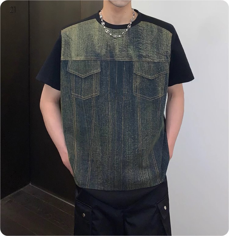 メンズデザインTシャツ デニムドッキング 韓国系 2色 S4416