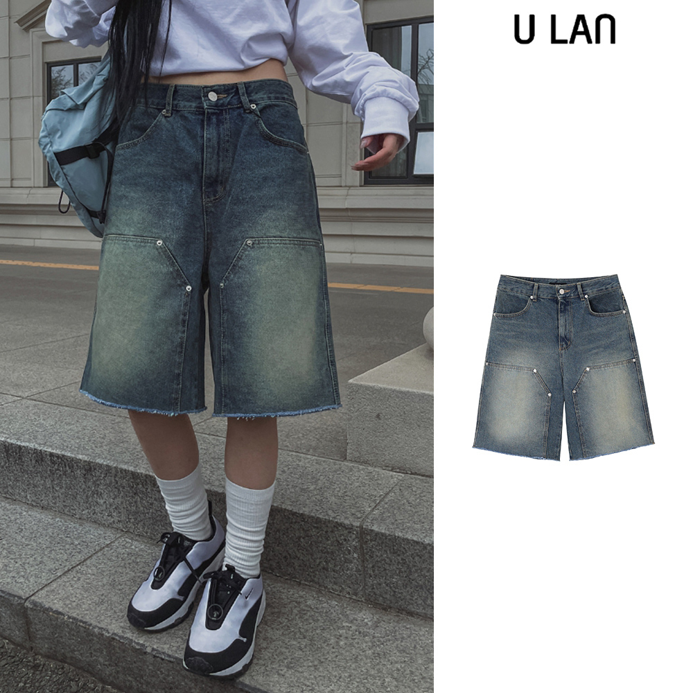 【U LAN】Nook's Rivet Square Denim Shorts
